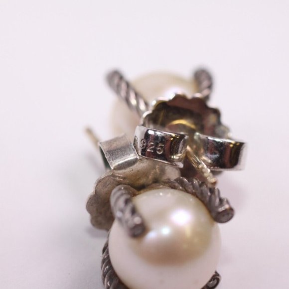 David Yurman Pearl Diamond 925 Sterling Silver Cable Stud Earrings 9.5mm (R721) - Picture 3 of 5